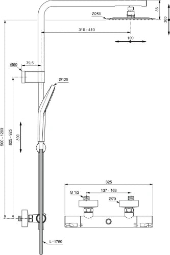 Ideal Standard Ceratherm T50 système de douche : douche de tête platte ronde 25 + douchette sur barre + vanne thermostatique T50 chromé