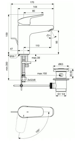 Ideal Standard Ceraflex mitigeur lavabo GRANDE avec vidage métallique CH3 5l/min Blue Start technology chromé