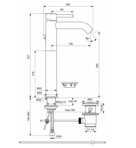 Ideal Standard Ceraline mitigeur lavabo rehaussé avec vidage 5l/min - Silk black