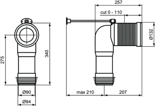 COURBE DE RACCORDEMENT IDEAL STANDARD . pour wc sur pied sortie H de 50 à 110 mm