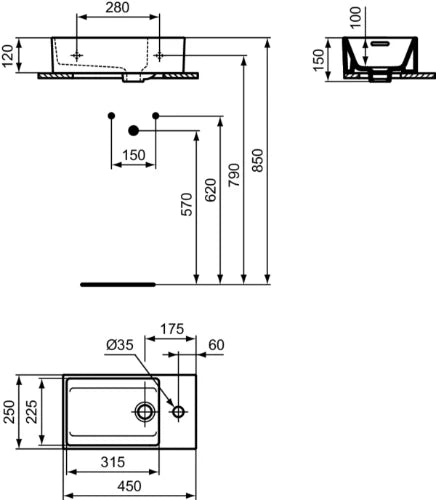 Ideal Standard Extra lave-mains 450 x 250 mm - blanc - avec trou de robinet droite - avec trop-plein