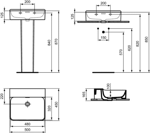 Ideal Standard Conca lavabo 500 x 450 mm - blanc - avec trou de robinet - avec trop-plein - aplati pour montage sur étagère