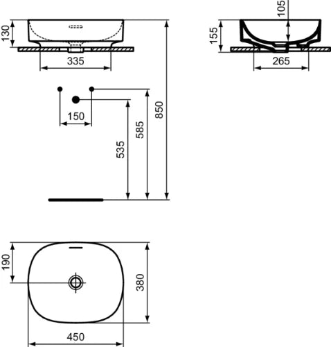 Ideal Standard Linda-X lavabo à poser 450 x 380 mm - blanc mat - sans trou de robinet - avec trop-plein