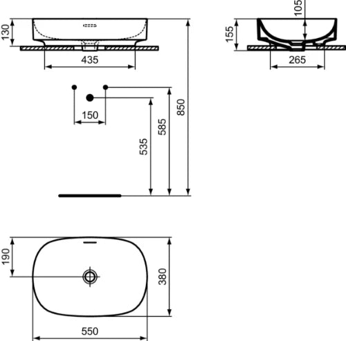 Ideal Standard Linda-X lavabo à poser 550 x 380 mm - blanc mat - Diamatec - sans trou de robinet - avec trop-plein