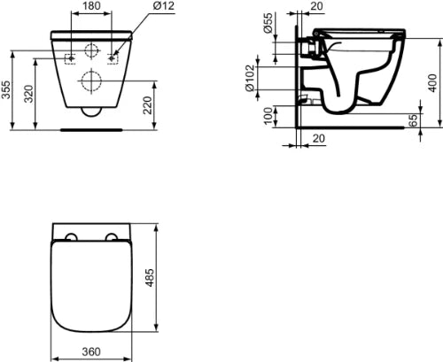 Ideal Standard i.life S cuvette suspendue compact PACK Rimless+ (cuvette suspendue compact + abattant wrap-over softclose) sans bride - Glossy White