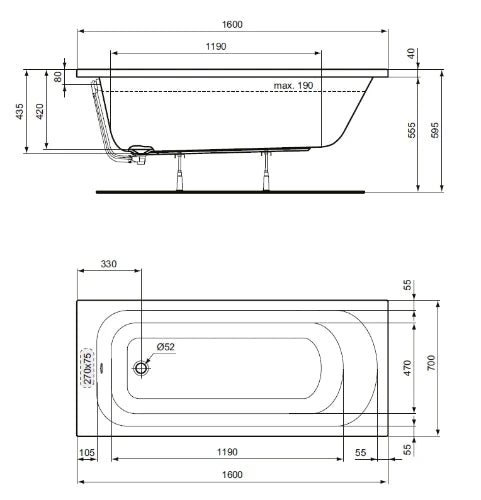 Ideal Standard Simplicity baignoire 1600 x 700 mm - Glossy white