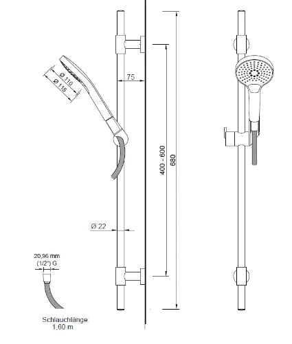 Procasa Push set de douche 682 mm - douchette 3 jets - flexible 1600 mm - chromé - points de fixation variables