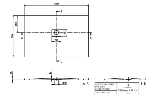 Villeroy & Boch Squaro Infinity tub de douche 1400 x 900 x 40 mm - Quaryl - blanc