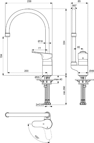 Ideal Standard Cerabase mitigeur cuisine avec bec haut sans vidage 5l/min - BlueStart Technology - chromé