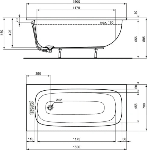 Ideal Standard i.life baignoire 1500 x 700 mm - Glossy white