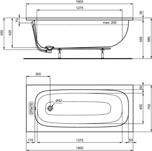 Ideal Standard i.life baignoire 1600 x 700 mm - Glossy white