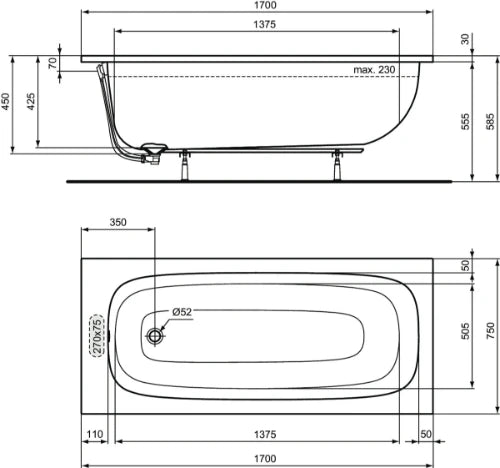 Ideal Standard i.life baignoire 1700 x 750 mm - Glossy white