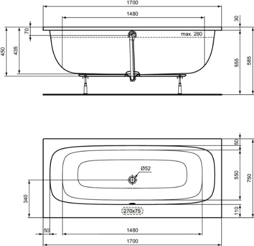 Ideal Standard i.life baignoire duo modèle encastré 1700 x 750 mm - Glossy white