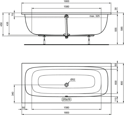 Ideal Standard i.life Baignoire duo à encastrer 1800x800 mm - Glossy white