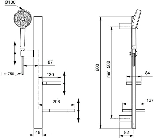 Ideal Standard Alu+ set de douche 600 mm douchette 2 F 100 mm + flexible de douche 1/2 x 1750 mm - silver
