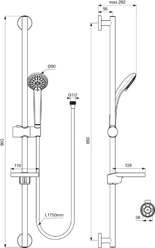 Ideal Standard IdealRain Barre de douche 900 mm avec douchette Ø 80 mm avec 3 fonctions chromé