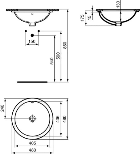 Ideal Standard Connect lavabo sous plan rond 480 mm - blanc - sans trou de robinet - avec trop-plein
