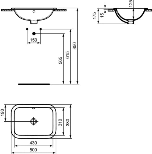Ideal Standard Connect lavabo encastré rectangulaire 500 x 380  mm - blanc - sans trou de robinet - avec trop-plein