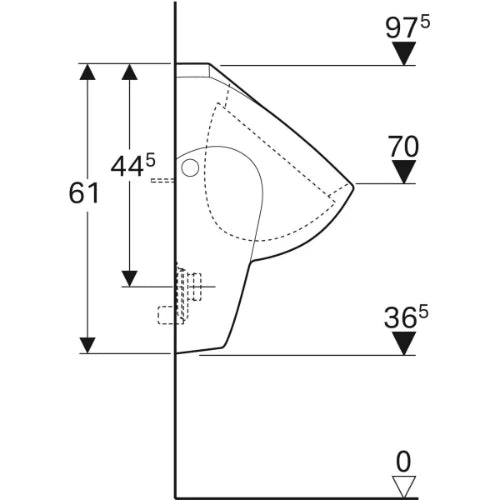 Geberit Selnova urinal, inlet from the top, outlet to the rear or downwards: T=37cm, Sortie=Vers l'arrière ou vers le bas, Arrivée d’eau=En haut, Blanc