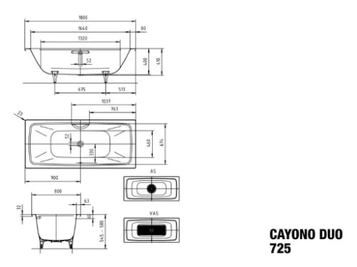 KALDEWEI Cayono Duo bad geëm staal (z potenset) 3,5mm 180x80cm model 725 wit
