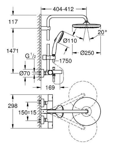 Grohe Tempesta System 250 système de douche avec mitigeur bain thermostatique - chromé