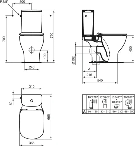 Ideal Standard Tesi cuvette à poser PACK Aquabtiroir sortie H (cuvette + abattant avec softclose + réservoir) - blanc - L360xD660 mm