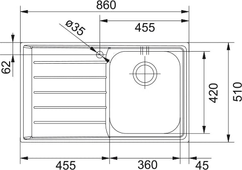 Franke Neptune - évier à encastrer / 860 x 510 mm / 1 bassin / Lisse / égouttoir à gauche