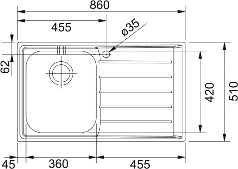 Franke Neptune - évier à encastrer / 860 x 510 mm / 1 bassin / Lisse / égouttoir à droite