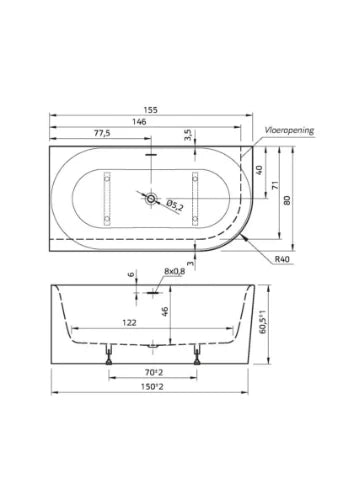 Xenz Fay XS gauche baignoire pose libre 1550 x 800 mm blanc+trop-plein ronde, vidage blanc brillant
