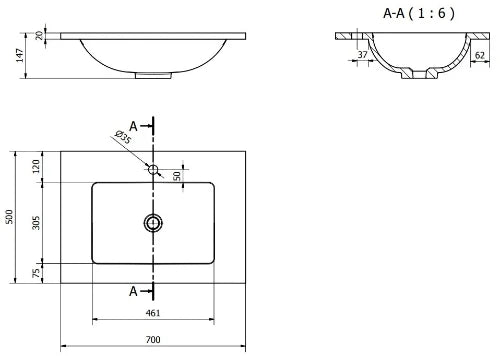 Procasa Solid table-vasque en surface solid avec 1 vasque centrale 700 x 500 x 20 mm - blanc mat - avec trou de robinet