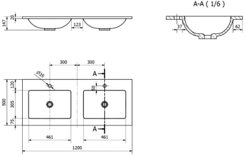 Procasa Solid table-vasque en surface solid avec 2 vasques 1200 x 500 x 20 mm - blanc mat - avec trous de robinet
