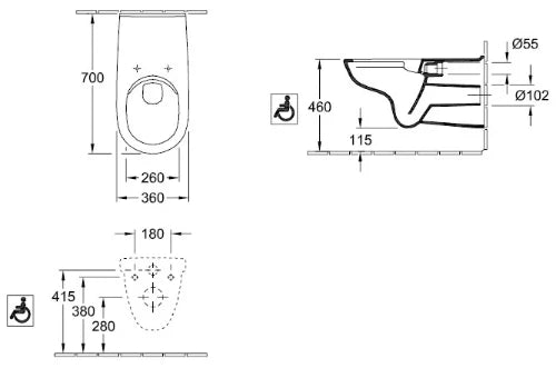 Villeroy & Boch ViCare toilette suspendue prolongée DirectFlush sans rebord - blanc - B360xD700 mm
