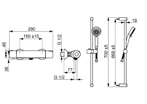 Hansa HansaBasic thermostat de douche avec set de douche 3-jets avec barre 700 mm et flexible 1500 mm - chromé