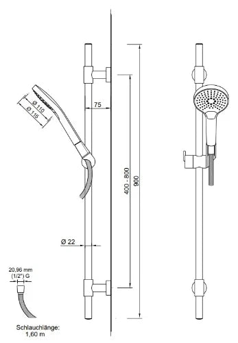 Procasa Push set de douche 900 mm - douchette 3 jets - flexible 1600 mm - chromé - points de fixation variables