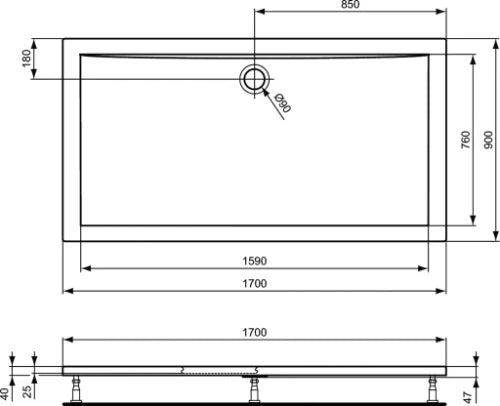 Ideal Standard Ultra Light receveur de douche acrylique 1700 x 900 x 47 mm - blanc - écoulement 90 mm