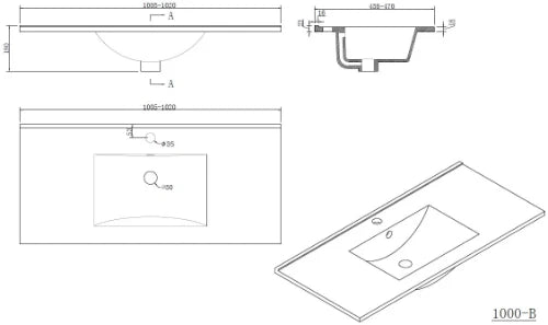 Procasa Klaire vasque en céramique 1020 x 480 x 190 mm - 1 trou de robinet - avec trop-plein - blanc