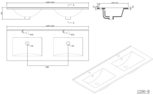 Procasa Klaire vasque en céramique 1260 x 480 x 190 mm - 2 trou de robinet - avec trop-plein - blanc