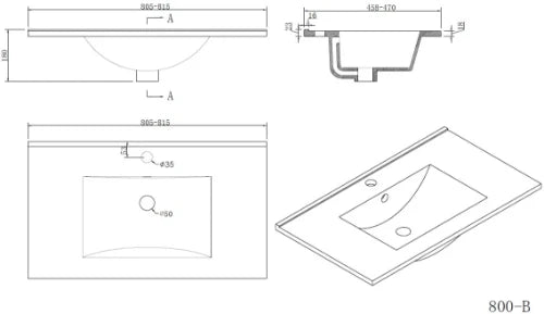 Procasa Klaire vasque en céramique 820 x 480 x 190 mm - 1 trou de robinet - avec trop-plein - blanc