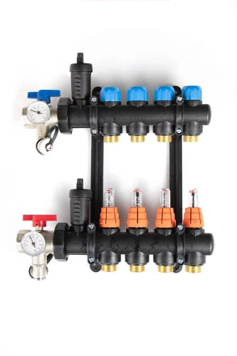 ProOne UFH set de collecteurs synthéthique montés pour chauffage par le sol incl. vanne à bille + purgeur d'air automatique + débitmètres 4/4 - 3x EK3/5