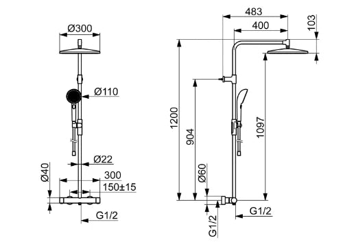 Hansa HansaAureliaa robinet thermostatique douche avec douchette 110 mm 3-jets avec douche à effet pluie 300 mm - avec barre et flexible 1750 mm - chromé
