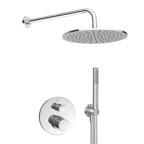 Ideal Standard Ceratherm T100 PACK ALL-IN-One système de douche encastré avec Ceratherm T100 partie apparente, partie encastrée Easy-box, IdealRain bras pour douche de tête 400 mm, douche de tête 300 mm, 12 l/min, support pour douchette avec coude i