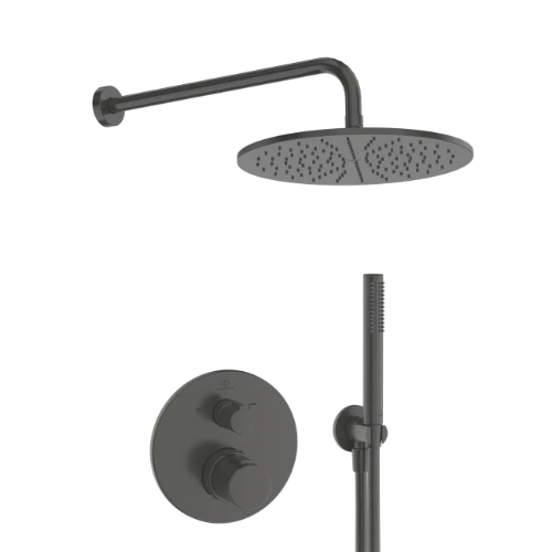 Ideal Standard Ceratherm T100 PACK ALL-IN-One système de douche encastré avec Ceratherm T100 partie apparente, partie encastrée Easy-box, IdealRain bras pour douche de tête 400 mm, douche de tête 300 mm, 12 l/min, support pour douchette avec coude i