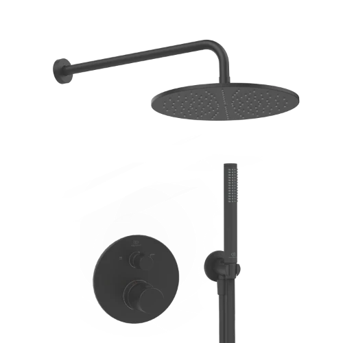 Ideal Standard Ceratherm T100 PACK ALL-IN-One système de douche encastré avec Ceratherm T100 partie apparente, partie encastrée Easy-box, IdealRain bras pour douche de tête 400 mm, douche de tête 300 mm, 12 l/min, support pour douchette avec coude i