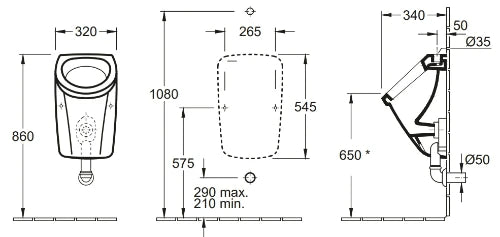 Villeroy & Boch Saval Pro urinoir 320 x 545 x 350 mm - blanc - connection au dessus