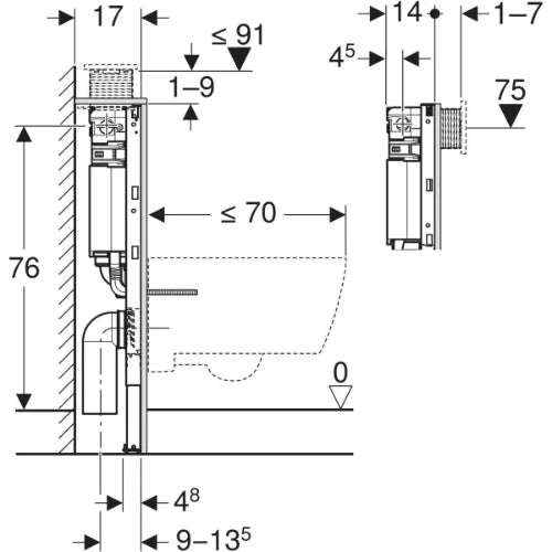 Geberit Duofix élément pour WC suspendu 820 mm - avec réservoir à chasse d’eau intégré Omega 12 cm