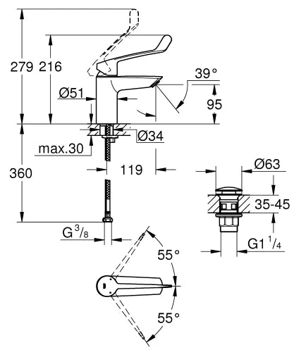 Grohe Eurosmart 2021 mit. lavabo s long click - chromé