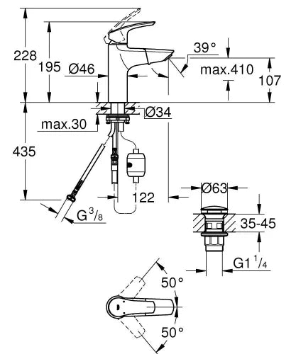 Grohe Eurosmart 2021 mitig.lavabo mouss.ex. "click" m - chromé