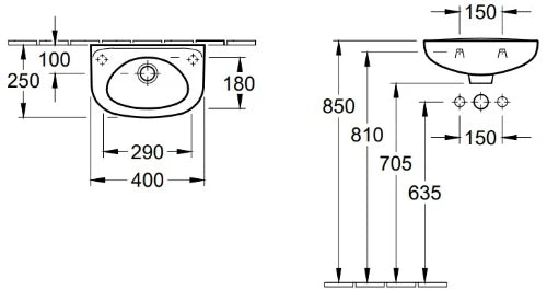 Villeroy & Boch Saval Pro lave-mains 400 x 250 - blanc - avec trou de robinet droite - avec trop-plein