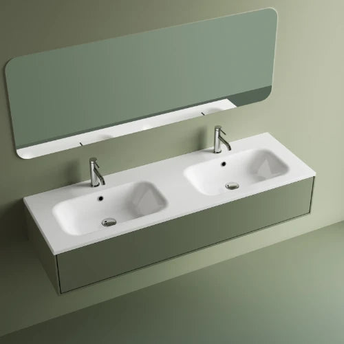 Procasa Klaire tablette en marbre artificiel avec 2 vasques 1400 x 460 mm - blanc brillant - robinetterie pré-percé