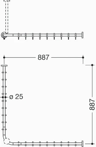 HEWI tringle à rideau , Ø25 A1/A2=883, 18 anneaux, brossée